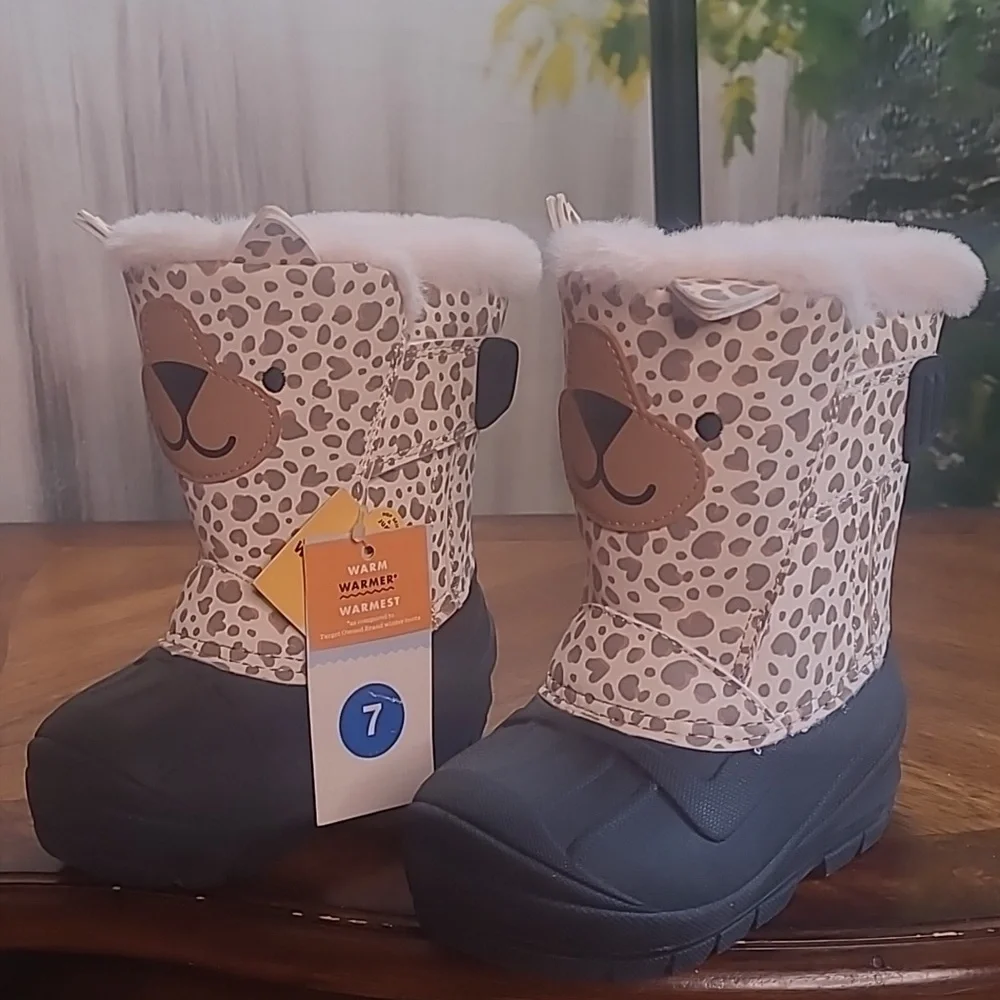 NWT! Cat & Jack GIrls 7 waterproof warm cozy leopard print winter boots